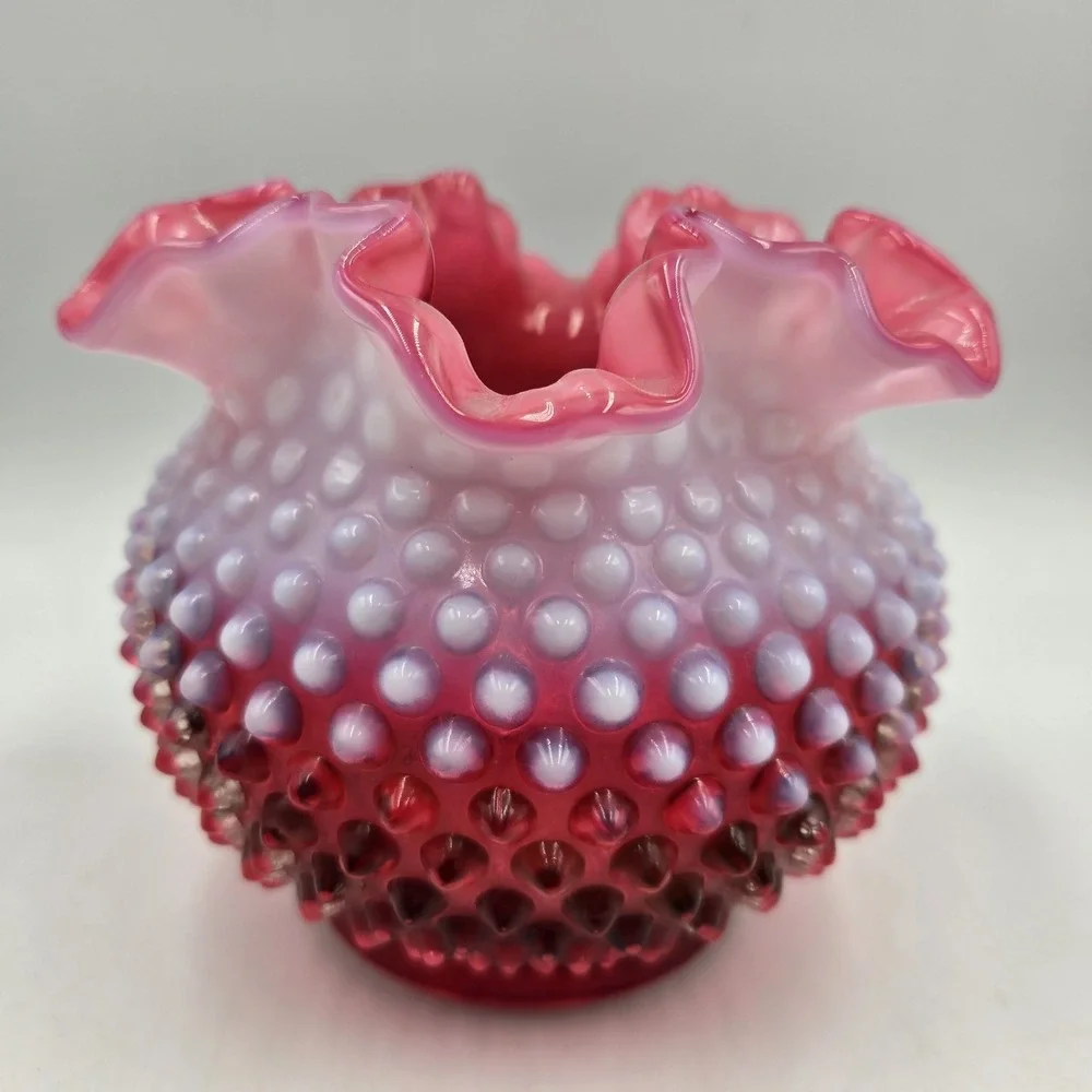Fenton Cranberry Opalescent Hobnail Glass Vase Rose Bowl Ruffle Crimped Vintage